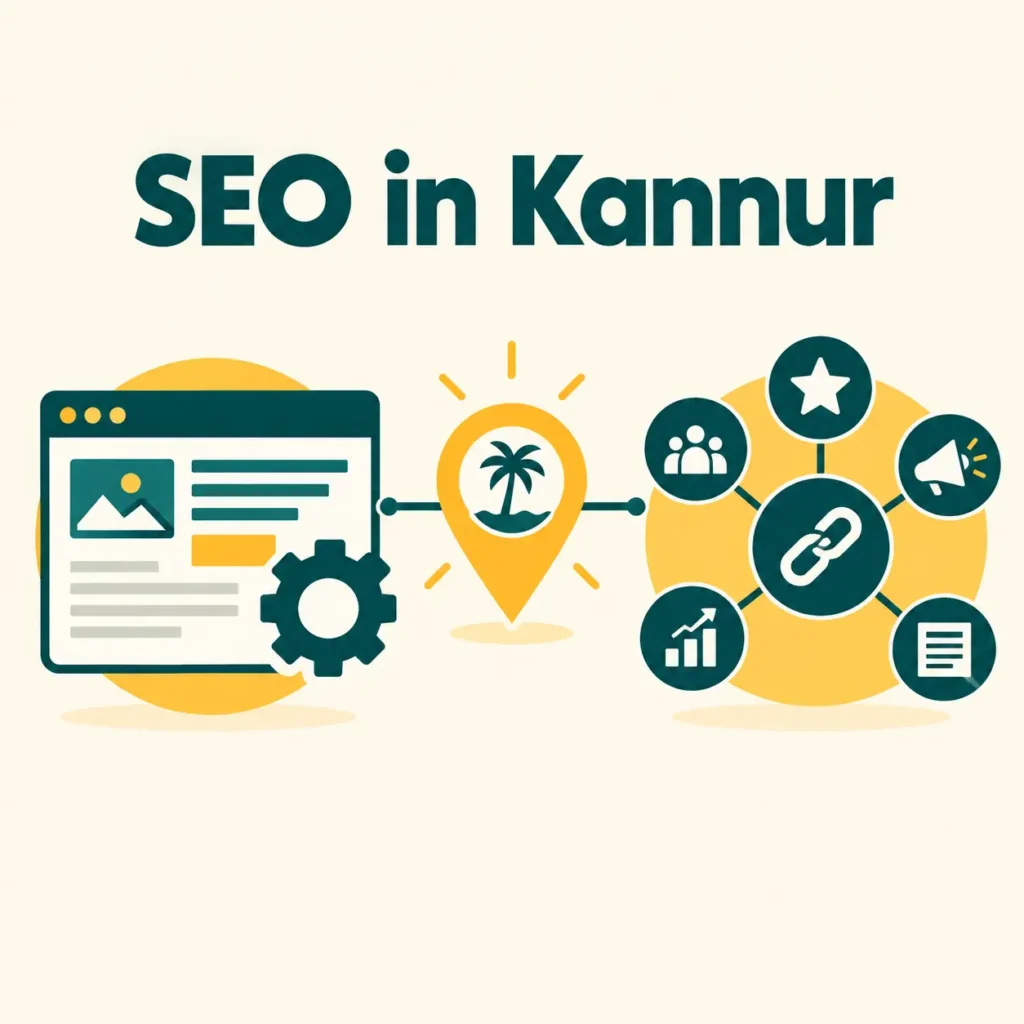 SEO in Kannur graphic showing a website, local map pin and backlink network